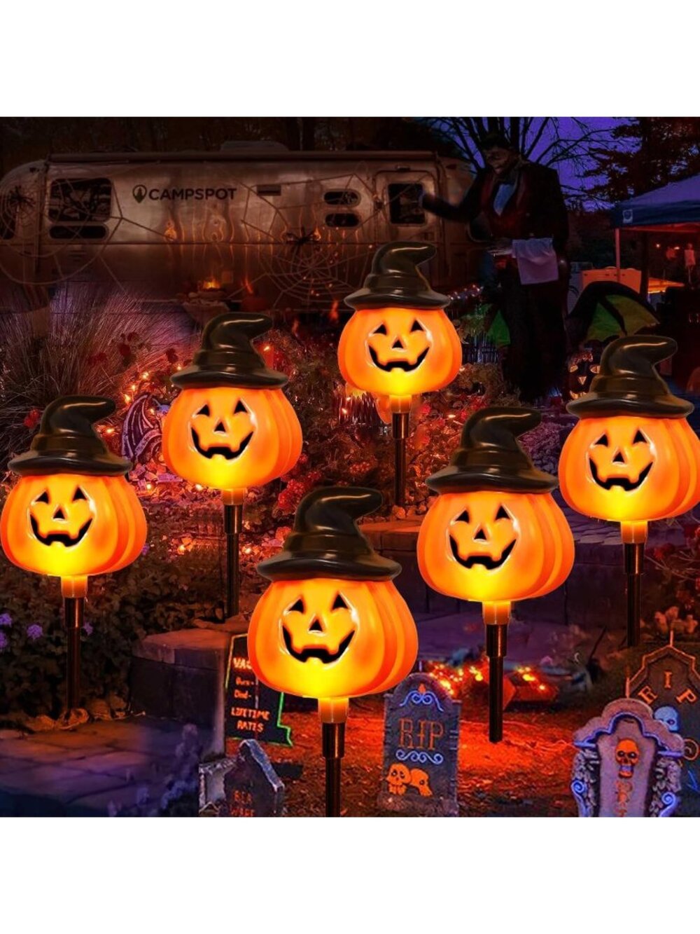 〽️6 Pack Solar Orange Halloween Jack O Lantern Stake Light Outdoor Pathway Decor